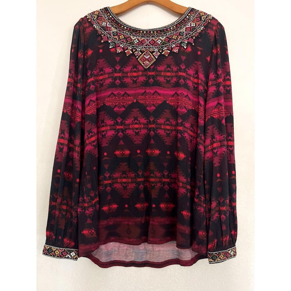 Soft Surroundings Blouse Womens XL Red Aztec Beaded Embroidered Boho Tunic Top